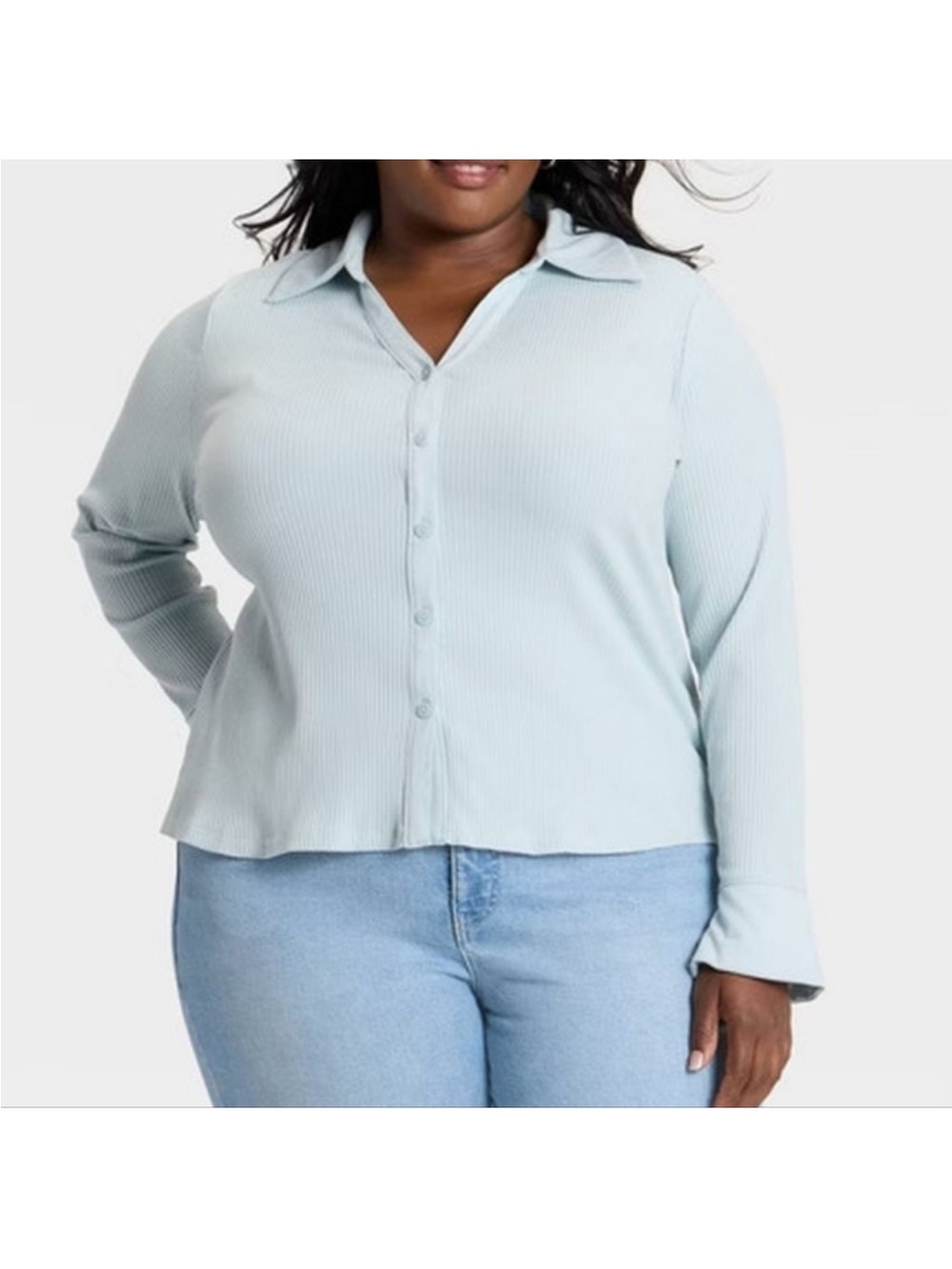 Light Blue Ribbed Button-Front Collared Top